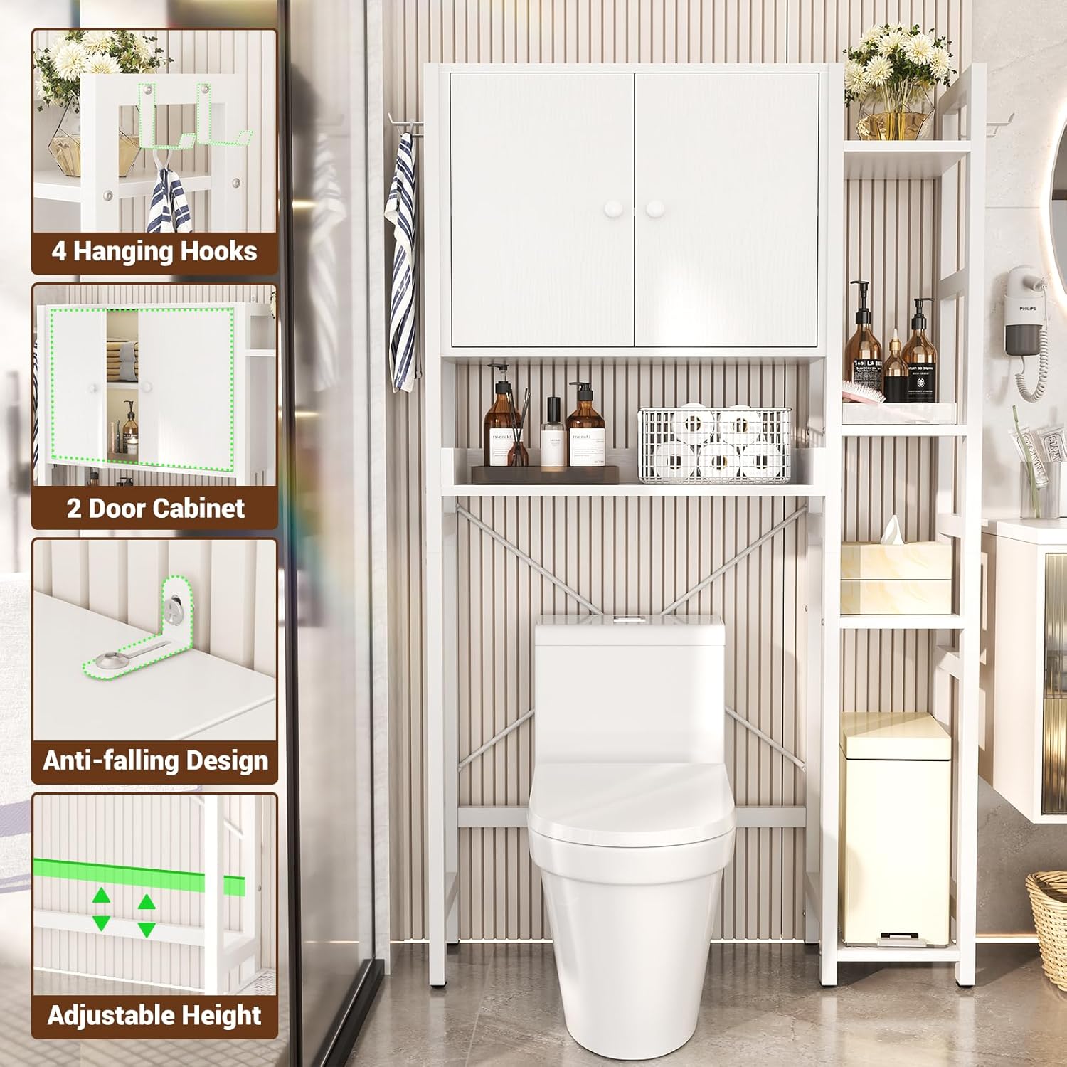 Over The Toilet Storage Cabinet with Doors - 7 Tier Bathroom Organizer with Adjustable Shelf, Freestanding Space Saver Rack Above Toilet Stand with 4 Hooks for Bathroom, Restroom, Laundry, White