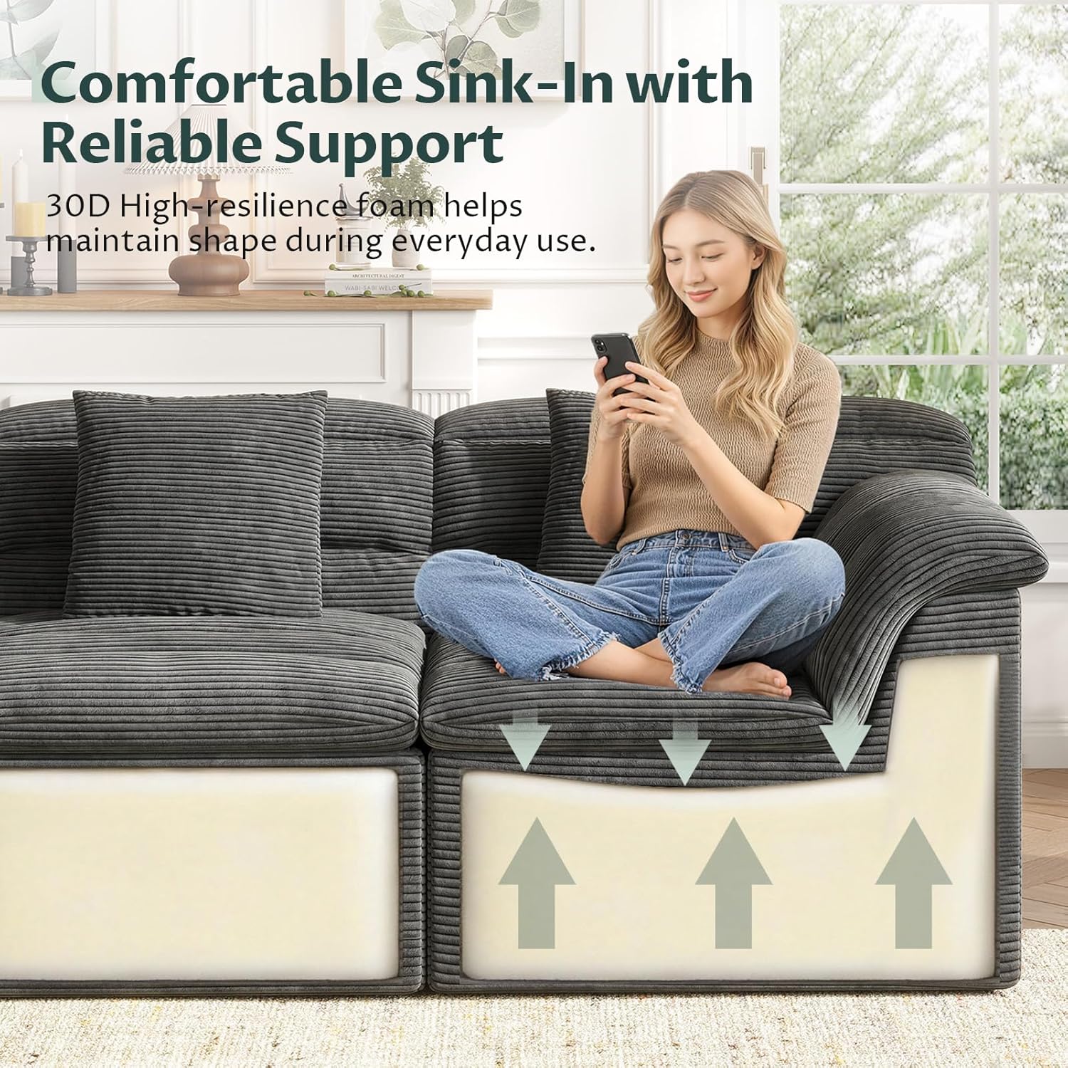 112" Modular Cloud Sectional Couch with Ottoman, Modern Upholstered Compressed Sofa with Deep Seat, Comfy L-Shape Corduroy Couches for Living Room, No Assembly Required, Dark Gray