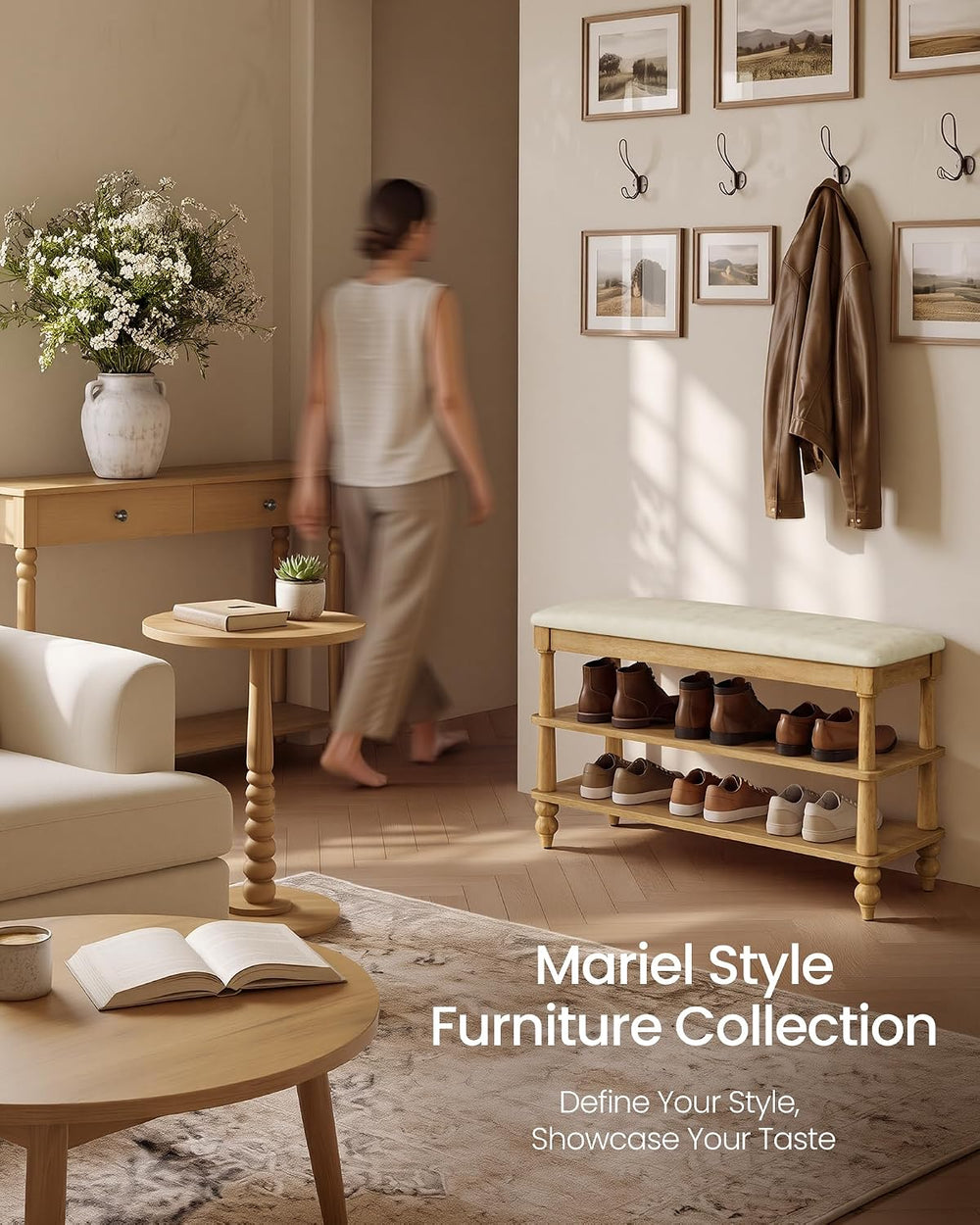 VASAGLE Mariel Collection - Shoe Bench, Wooden Entryway Bench with Padded Sea...