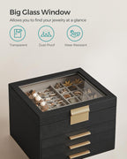 SONGMICS Jewelry Box Organizer with Glass Lid, 4-Layer Jewelry Storage, with 3 Drawers, Modern Style, Christmas Gift, 8 x 9.1 x 6.5 Inches, Graphite Black and Gold Color UJBC173B01