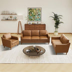 Kingfun Living Room Furniture Sets, 3 Seater Couch, Armchair and Loveseat, Mid Century Modern Sofa Set, Faux Leather Couch with Solid Wood Frame for Living Room & Bedroom, Brown