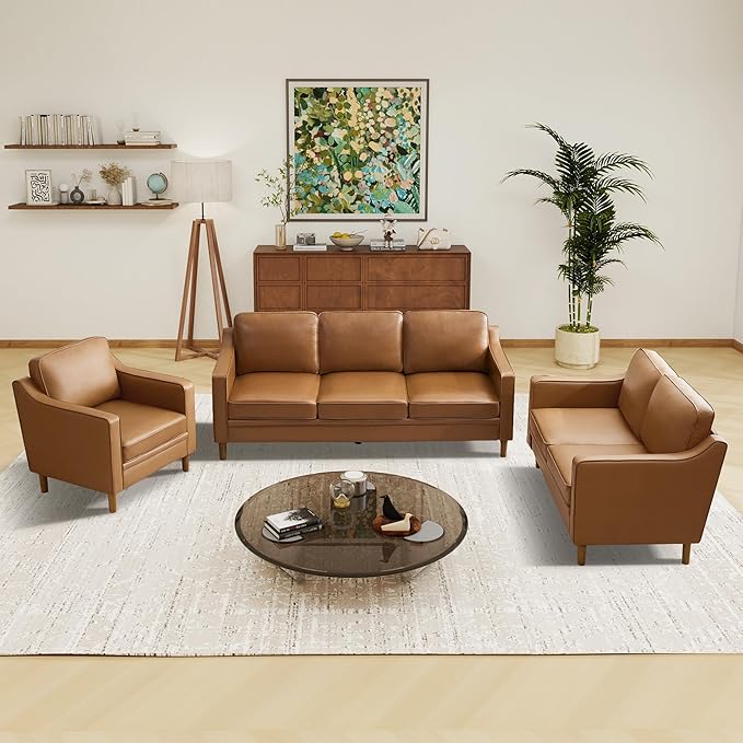 Kingfun Living Room Furniture Sets, 3 Seater Couch, Armchair and Loveseat, Mid Century Modern Sofa Set, Faux Leather Couch with Solid Wood Frame for Living Room & Bedroom, Brown