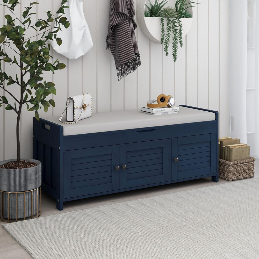 Storage Bench with 3 Shutter-Shaped Doors, Wood Shoe Bench with Removable Cus...