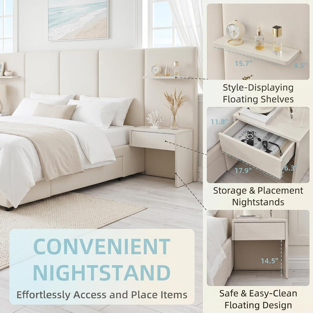King Size Bed Frame with Storage & Built-in Nightstands & Drawers, Beige