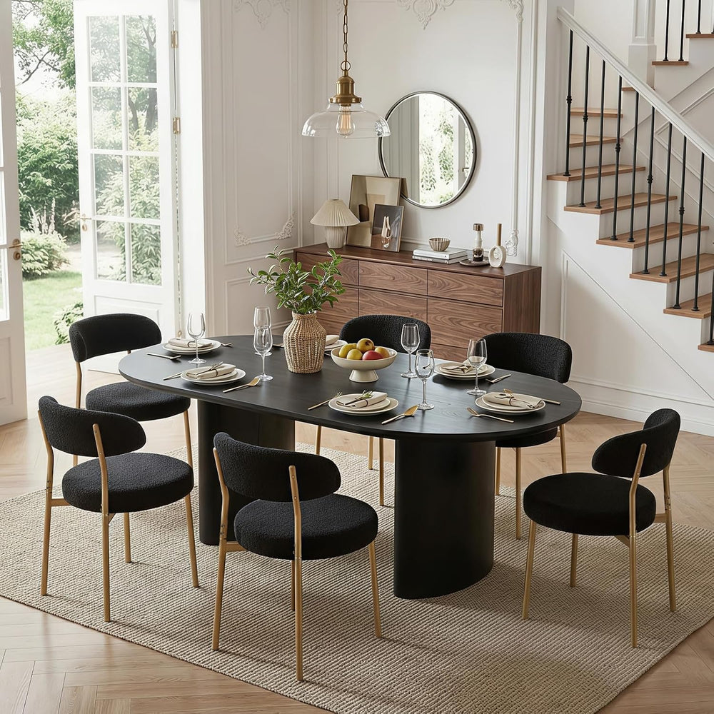 Black Boucle Dining Chair Set of 4, Modern Oval Upholstered Dining Chairs wit...