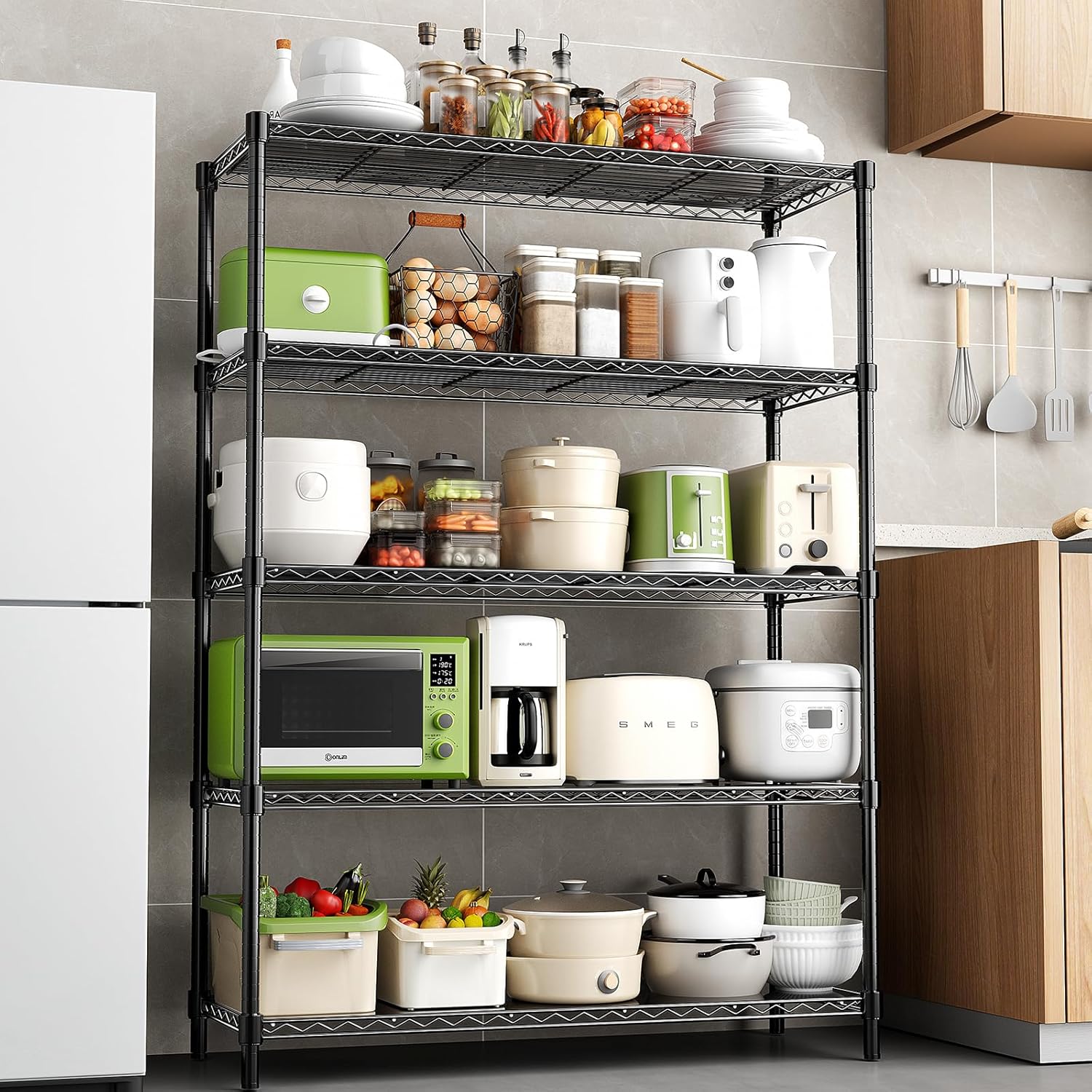 48" W Storage Shelves 5-Tier Wire Shelving, 1875LBS Adjustable Metal Shelving with 5 Shelf Liners, Heavy Duty Steel Wire Rack for Garage Commercial Pantry Kitchen, 48" W x 18" D x 72" H, Black