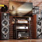4-Tier AV Media Stand with 2 Hooks,Heavy Duty Stereo Cabinet Furniture-Large Stereo Rack and Game Console Stand,Wooden Record Player Stand,Audio Stand Perfect for DVD Players/Game Console/TV Box/Xbox