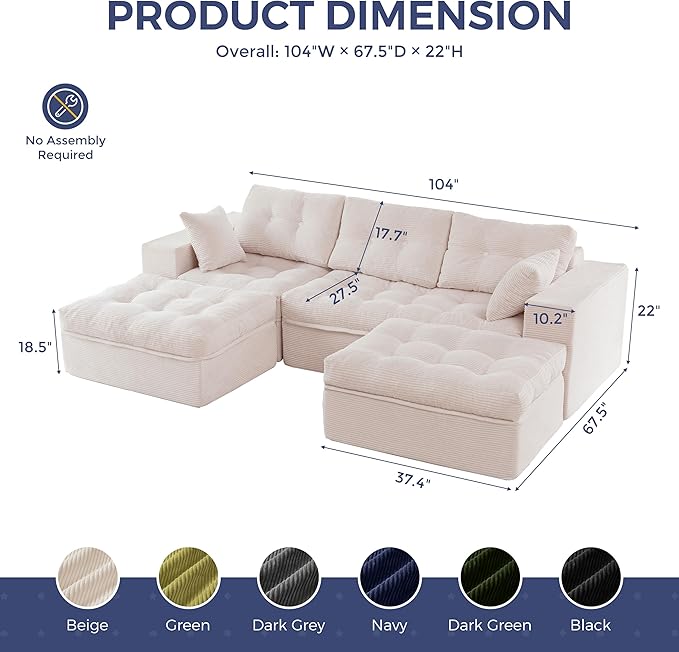 MAXYOYO 104" U Shaped Modular Sectional Sofa with 2 Ottomans, Cloud Boneless Couch with Layered Cushion, Flexible Module Combination Sofa for Living Room, No Assembly Required, Beige