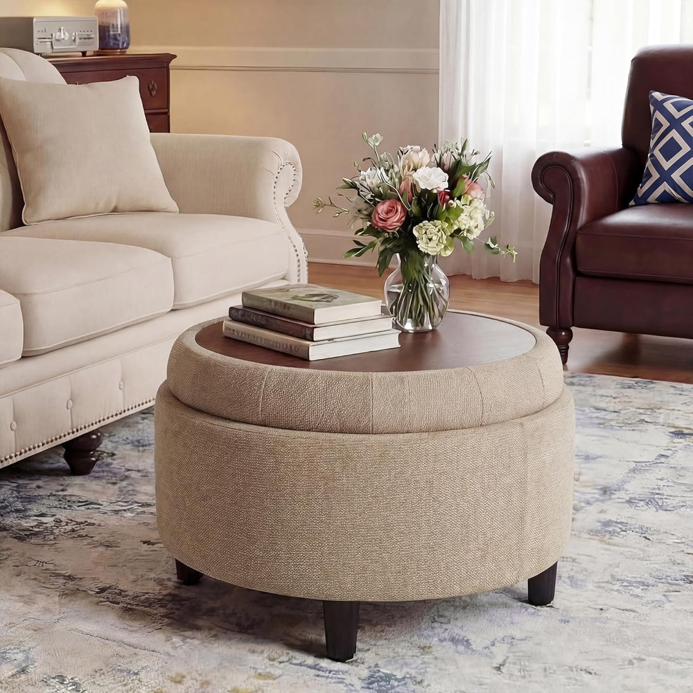 COLAMY Fabric Round Storage Ottoman with Reversible Tray Lid – Multi-Function...