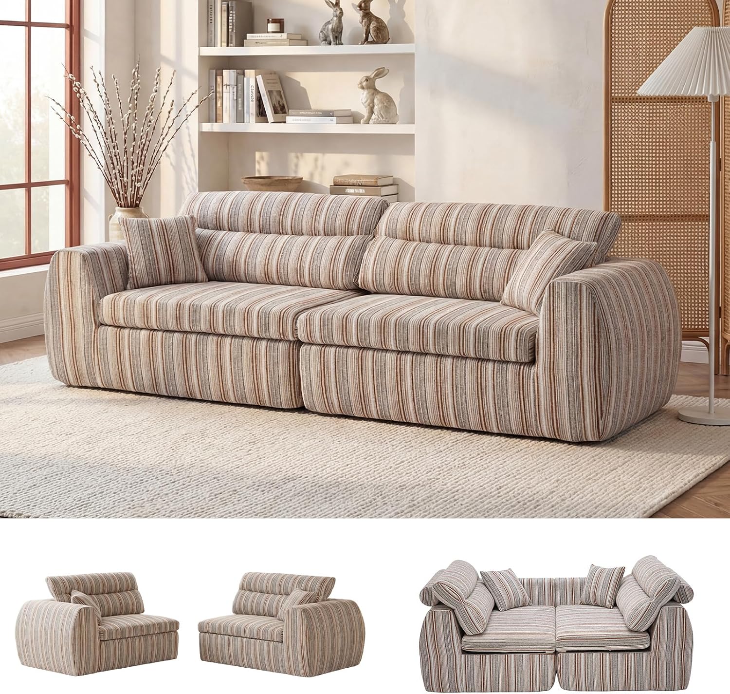 111" Chenille Woven Convertible Sofa Bed Boneless Couch High Backrest | No Assembly Couch in a Box, Modular Sectional Sleeper Sofa for Living Room,Bedroom,Office,King Size Compressed Sofa