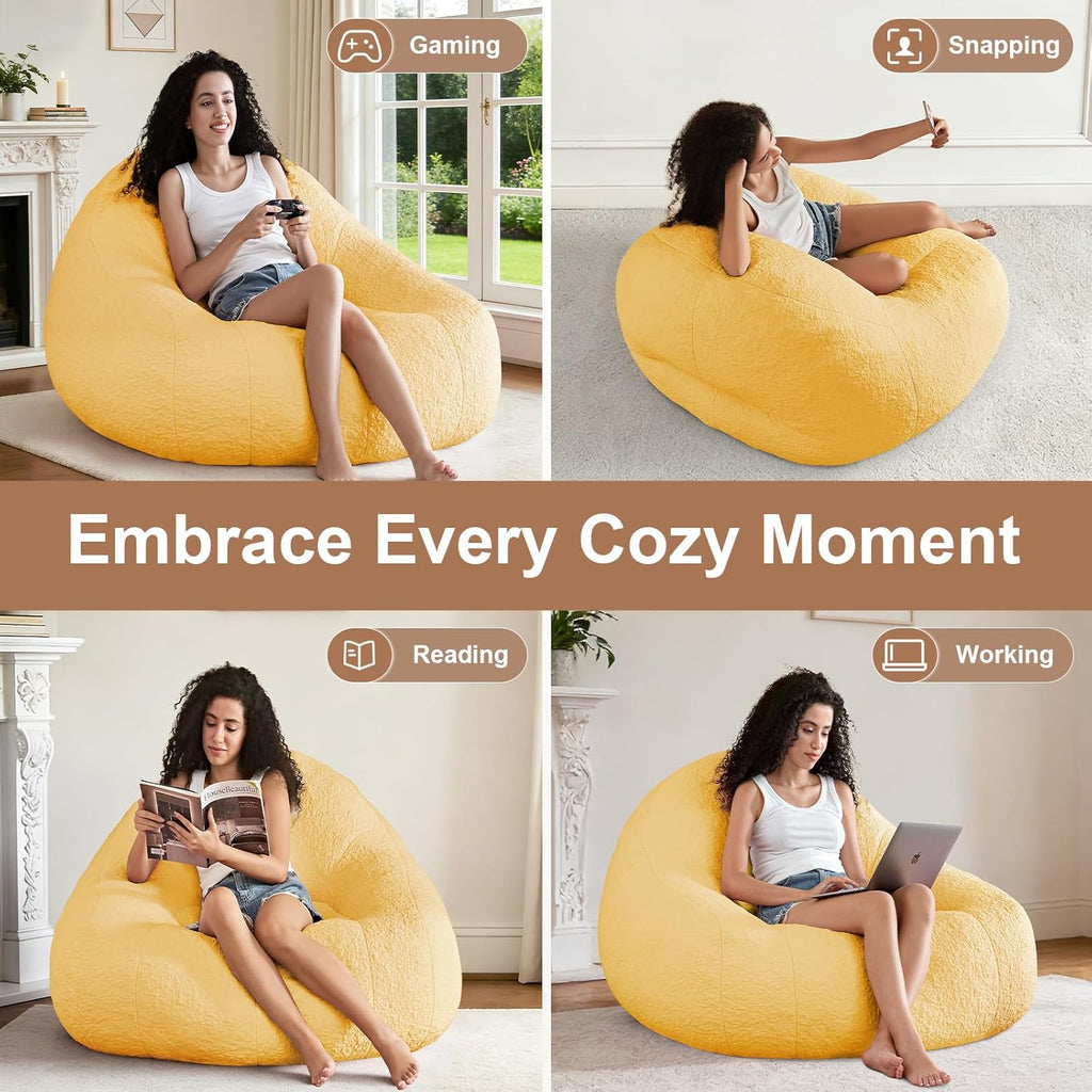 4FT Large Bean Bag Chair for Adults - Big Boneless Floor Chair with Foam Filling, Oversized Bean Bag Sofa for Reading and Gaming in Bedroom, Living Room, Dorm, Yellow