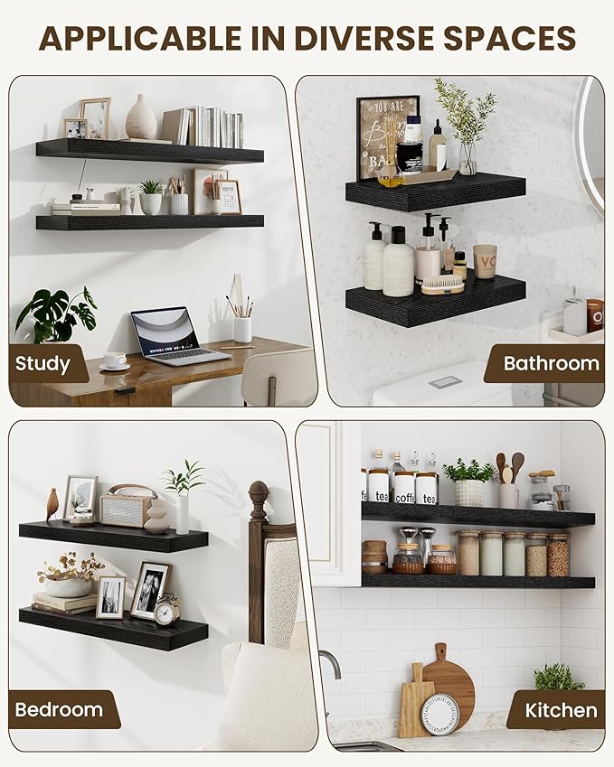 Marsmiles 24" Floating Shelves for Wall, Wooden Shelves with Invisible Brackets Set of 2, Rustic Farmhouse Wall Mounted Shelf for Kitchen Bathroom Living Room Study, Black