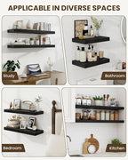 Marsmiles 16" Floating Shelves for Wall, Wooden Shelves with Invisible Brackets Set of 2, Rustic Farmhouse Wall Mounted Shelf for Kitchen Bathroom Living Room Study, Black