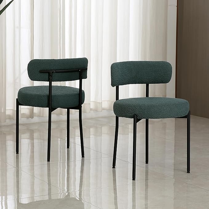 DYHOME Green Dining Chairs Set of 2, Mid-Century Modern Dining Chairs, Kitchen Dining Room Chairs, Curved Backrest Round Upholstered Boucle Sherpa Dining Chair with Black Metal Legs
