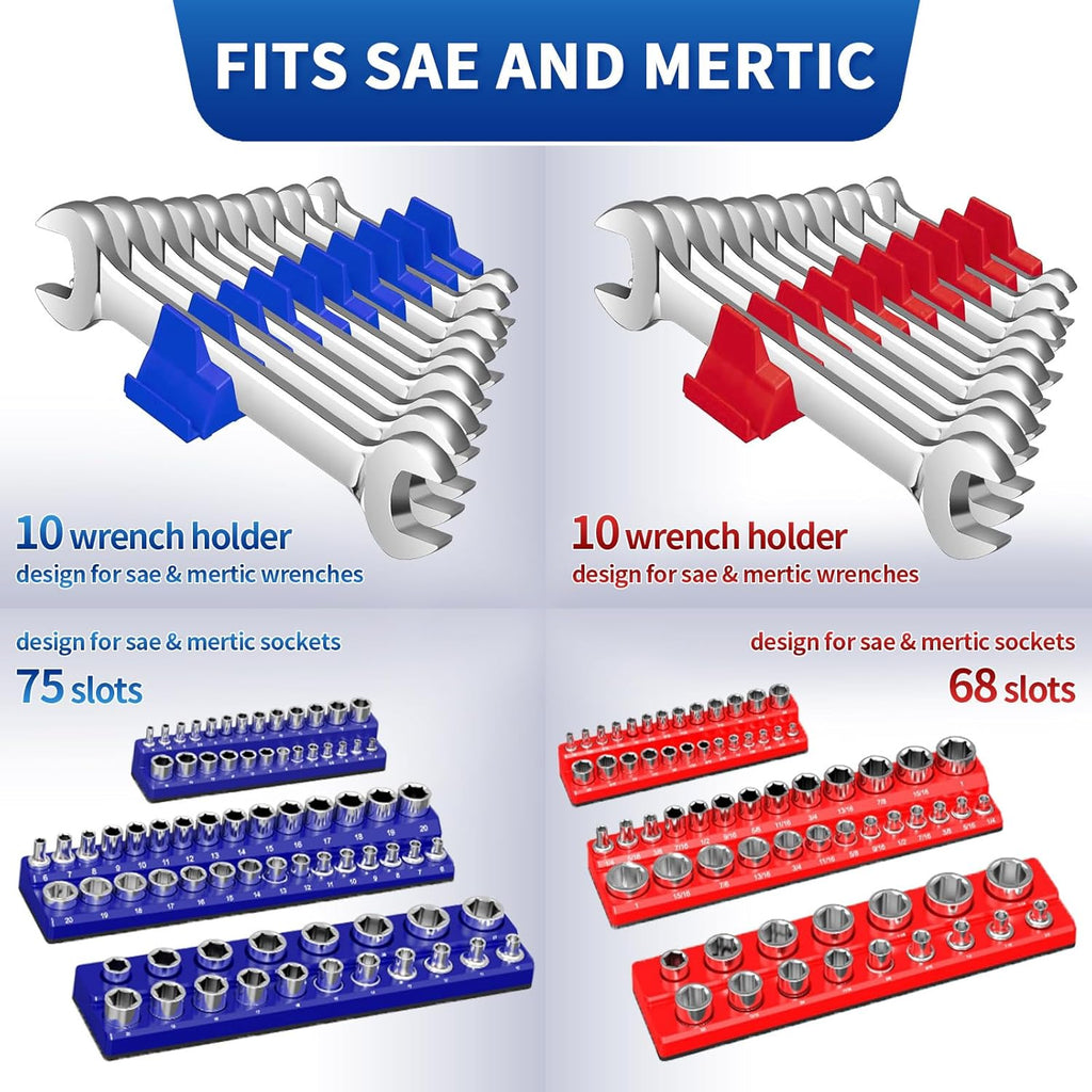 8PS Magnetic Wrench and Socket Organizer Set, Tool Trays 1/4", 3/8", 1/2" Tool Box Organizer, Metric Holder(Socket, Wrench not Included)