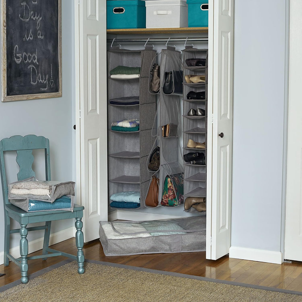 Household Essentials 10-Shelf Wide Hanging Shoe Organizer, Soft and Durable Polyester, Versatile, Breathable, Stylish, Compact, Sturdy Hooks for Rod or Wire Closets, Gray