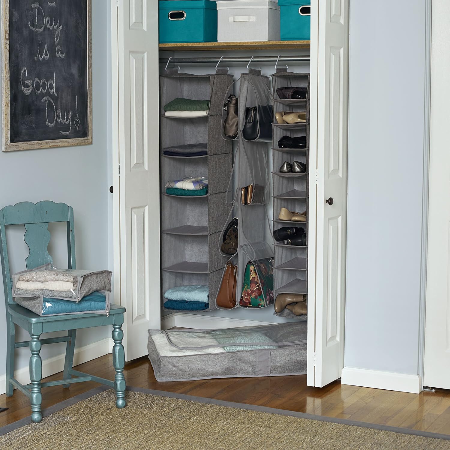 Household Essentials 10-Shelf Wide Hanging Shoe Organizer, Soft and Durable Polyester, Versatile, Breathable, Stylish, Compact, Sturdy Hooks for Rod or Wire Closets, Gray