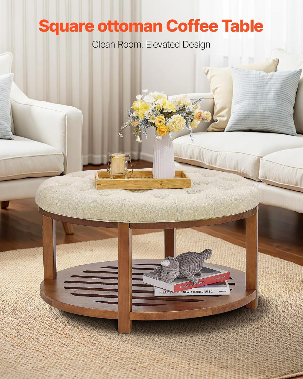 VEVOR Large Round Ottoman Coffee Table, 31.9 Inch Tufted Coffee Table with So...