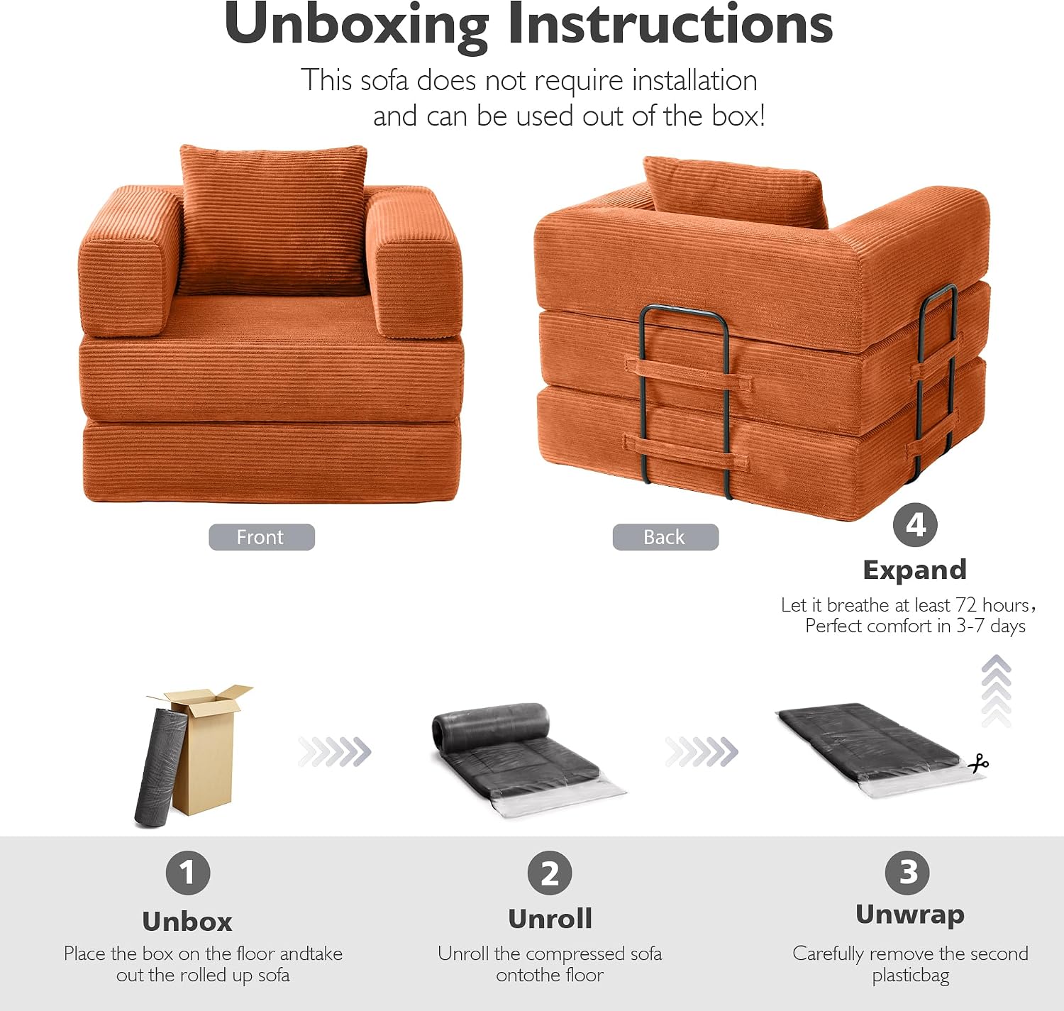 37.4in Convertible Sofa Bed, Corduroy Boneless Couch Bed, Futon Sleeper Sofa Pull Out Bed, Foldable Couch for Living Room Apartment, No Assembly Required