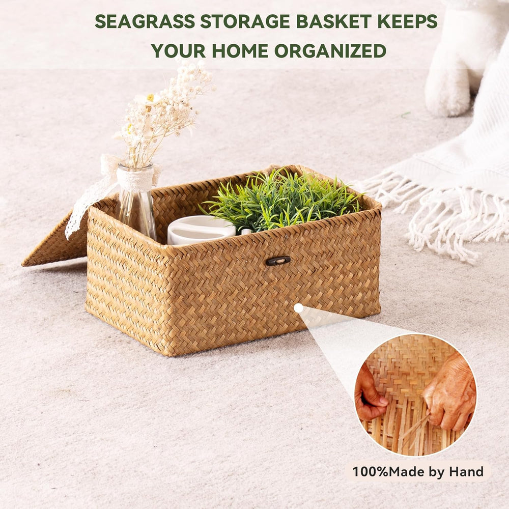 Nonam Wicker Storage Basket with Lid,Seagrass Shelf Basket Set of 3,Natural