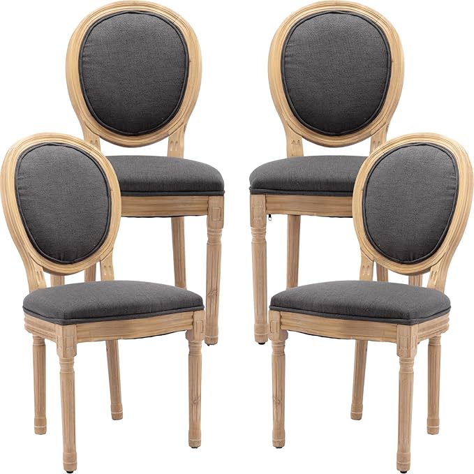 French Country Dining Chairs Set of 4, Gray Kitchen & Dining Room Chairs, Linen Upholstered, Wood Legs, Sillas De Comedor (Fabric, Grey, 4Pcs)