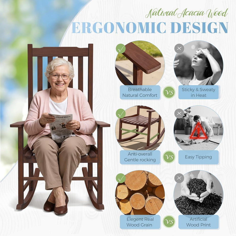 Flamaker Acacia Wood Outdoor Rocking Chairs Set of 2 (Brown) | High Back and ...
