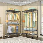 FUTASSI P1 Heavy Duty Garment Rack, 3 Tiers Adjustable Rolling Metal Closet Organizer with Lockable Wheels, FreeStanding Wardrobe with Double Hanger Rods & 1 Pair Hooks, Max Load 450 LBS, Gray