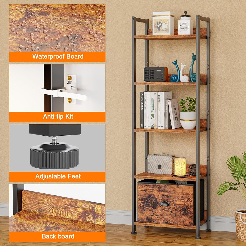 Furologee 5 Tier Bookshelf with Drawer, Tall Narrow Bookcase with Shelves, Wo...