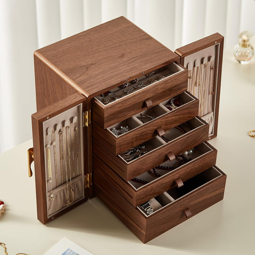 CHOSIN Black Walnut Wooden Jewelry Box 5 Layer Large Wood Jewelry Organizer Brass Handle for Necklaces Rings Earrings Watches Storage Christmas Gifts(7.9x8.7x10.0inches)