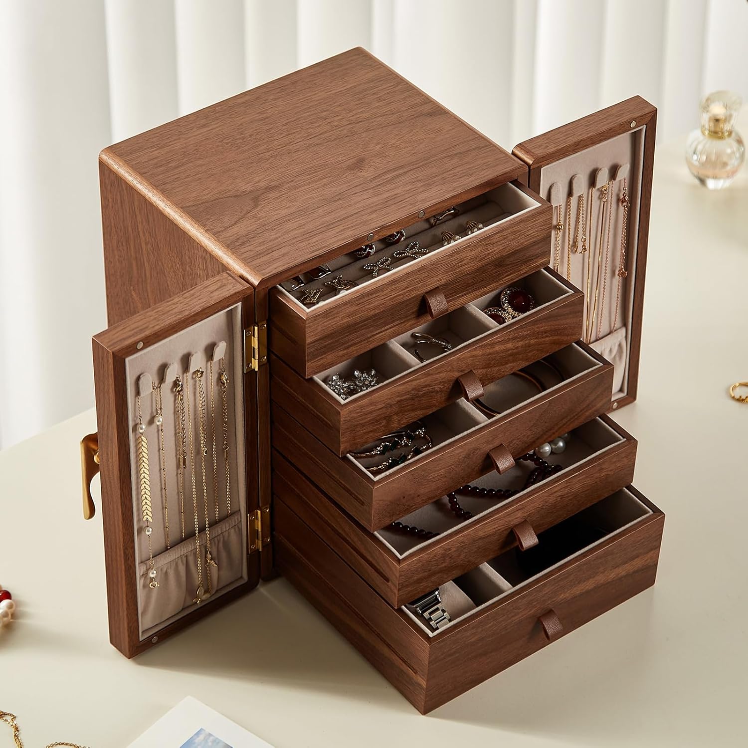 CHOSIN Black Walnut Wooden Jewelry Box 5 Layer Large Wood Jewelry Organizer Brass Handle for Necklaces Rings Earrings Watches Storage Christmas Gifts(7.9x8.7x10.0inches)