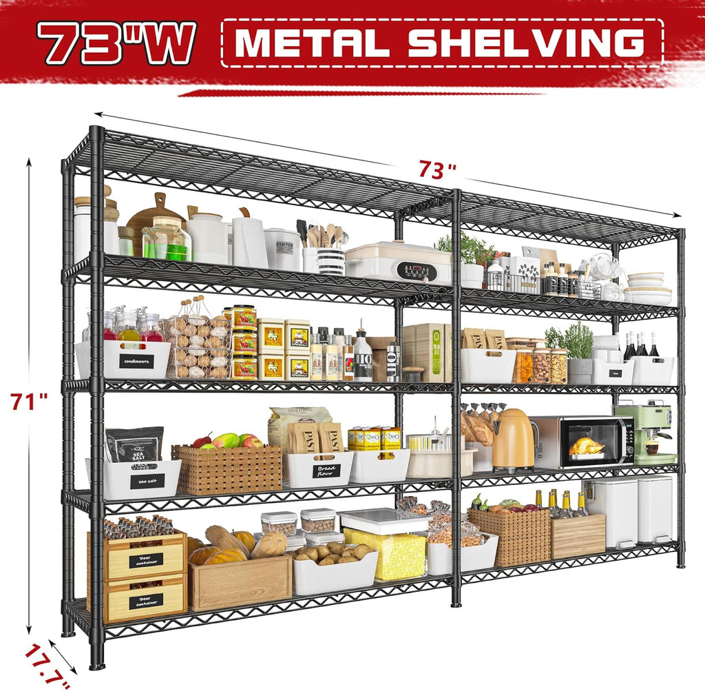 REIBII 73''W Storage Shelves Load 1650 LBS Metal Shelving 5-Tier Adjustable Heavy Duty Metal Shelves Wire Shelving Unit for Wire Shelf for Industrial Garage Pantry Kitchen,17.7"D x 73"W x 71"H, 2PCS