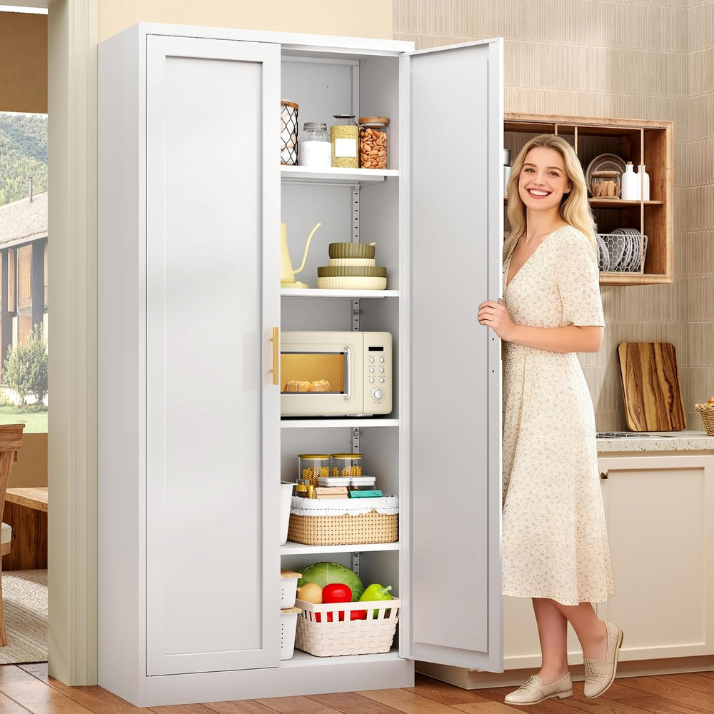 71” Tall Kitchen Pantry Cabinet, Metal Storage Cabinet with 2 Doors and 4 Adj...
