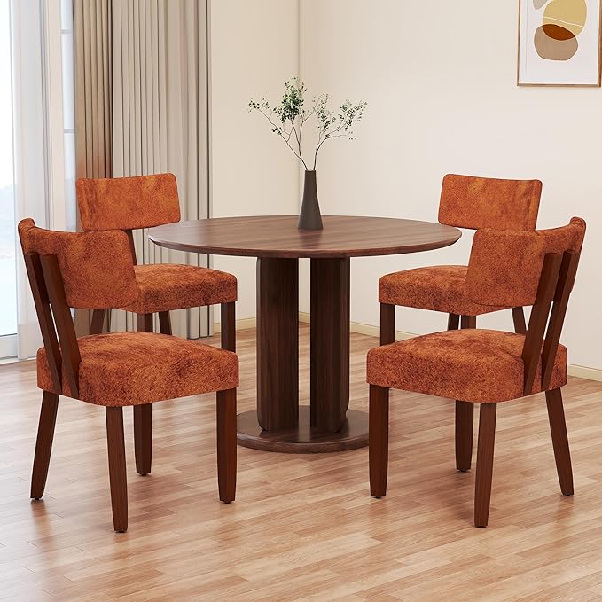GOTMINSI Mid Century Modern Dining Chairs,Velvet Farmhouse Upholstered Kitchen Chairs, Accent Curved Backrest Dining Room Chairs with Hardwood Legs (Caramel-Walnut Legs, 4PCS)