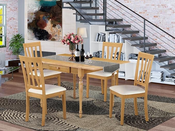 East West Furniture MZAN5-OAK-LC 5 Piece Modern Dining Table Set Includes a Rectangle Wooden Table with Dropleaf and 4 Faux Leather Upholstered Dining Chairs, 36x54 Inch, Oak