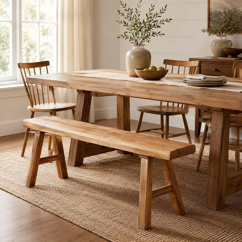 Farmhouse Solid Wooden Narrow Bench Natural Rustic Kitchen Dining Table Skinn...