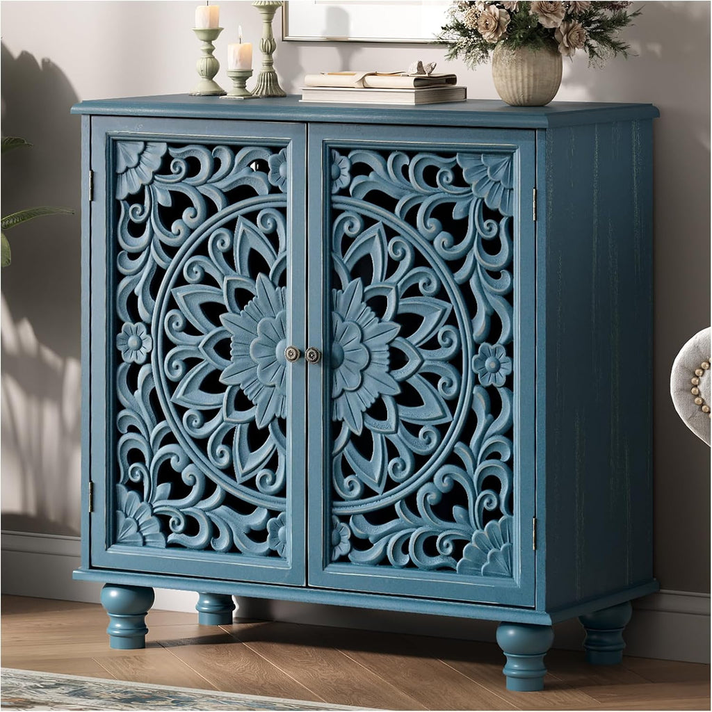 JOINICE 31" Accent Storage Cabinet with Carved Doors,Mandala Blue | Carved Floral Design, Solid Wood Legs, Versatile Storage for Living Room & Bedroom & Hallway, Adjustable Shelf, Easy Assembly