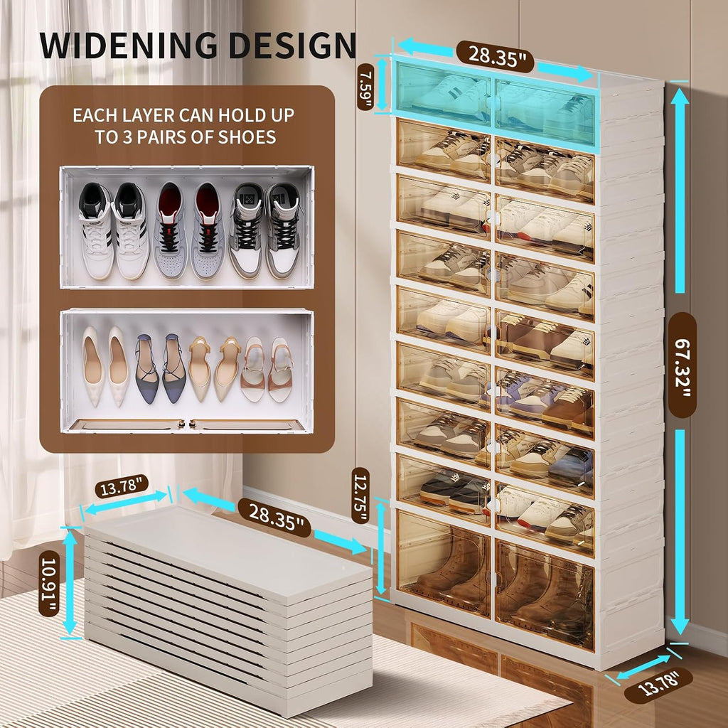 CIMLORD 9-Tier Foldable Shoe Rack Organizer with Wheels, 27 Pairs, White | Collapsible Large Plastic Shoe Cabinet, Fits Boots, Stackable, Clear Doors, Easy Assembly, Closet, Entryway, Living Room
