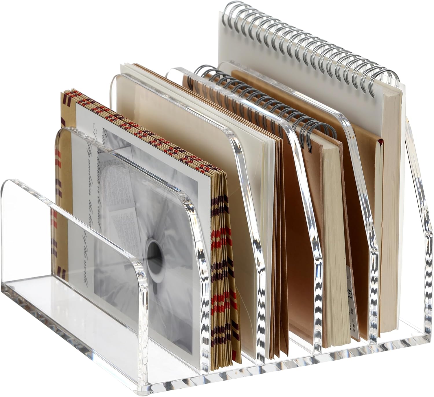SANRUI Acrylic Desk File Organizer Holder for Desk, Clear Laddered 5 Upright Compartments Mail Sorters, Multifunction Desktop Envelope Folder Racks Document Holders for Office, Home, School