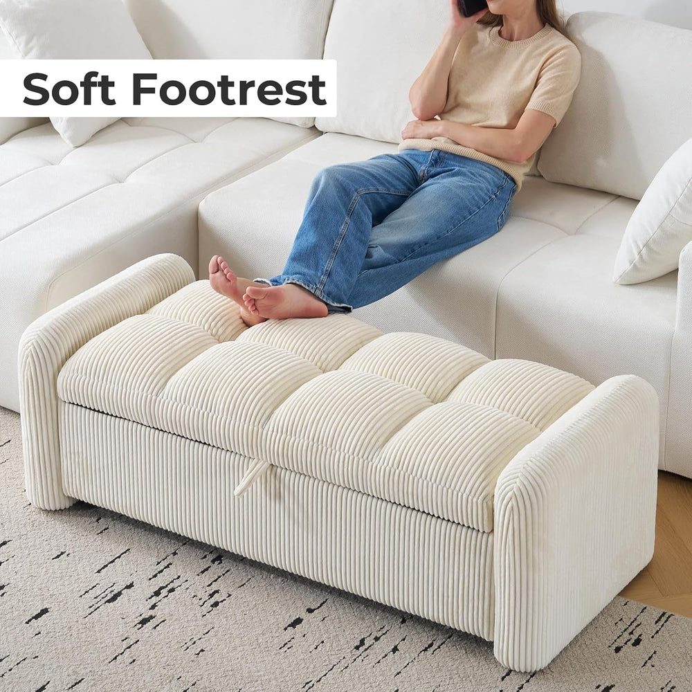 Oversized Corduroy Ottoman Bench with Storage, Upholstered End of Bed Bench f...