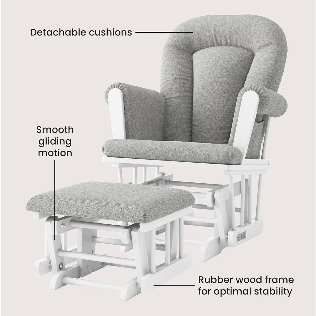 Child Craft Cozy Glider Rocker and Ottoman Set, Smooth Quiet Gliding Motion, Padded Cushion with Convenient Storage Pockets, Solid Wood Base & Frame (Matte White with Gray Cushion)
