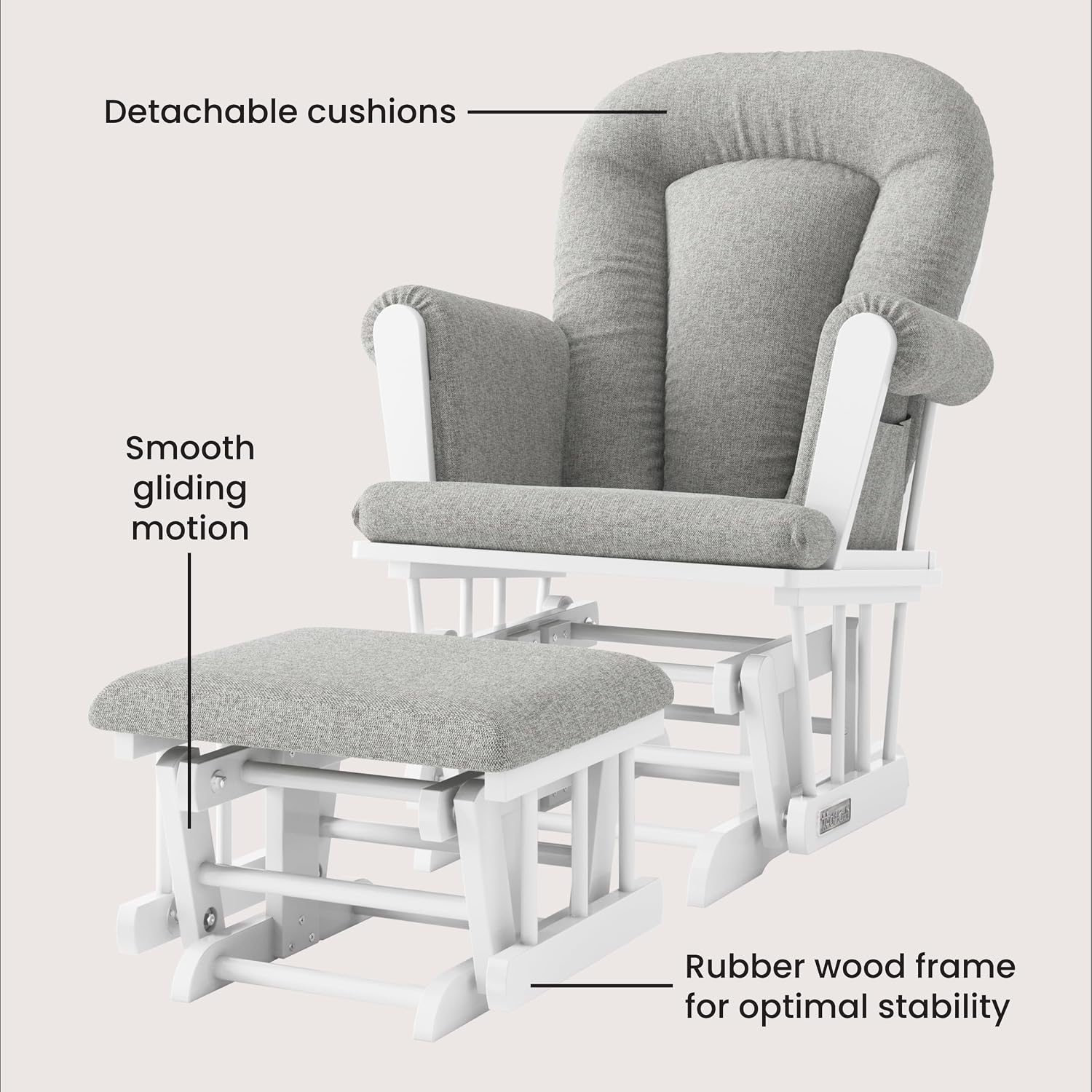 Child Craft Cozy Glider Rocker and Ottoman Set, Smooth Quiet Gliding Motion, Padded Cushion with Convenient Storage Pockets, Solid Wood Base & Frame (Matte White with Gray Cushion)