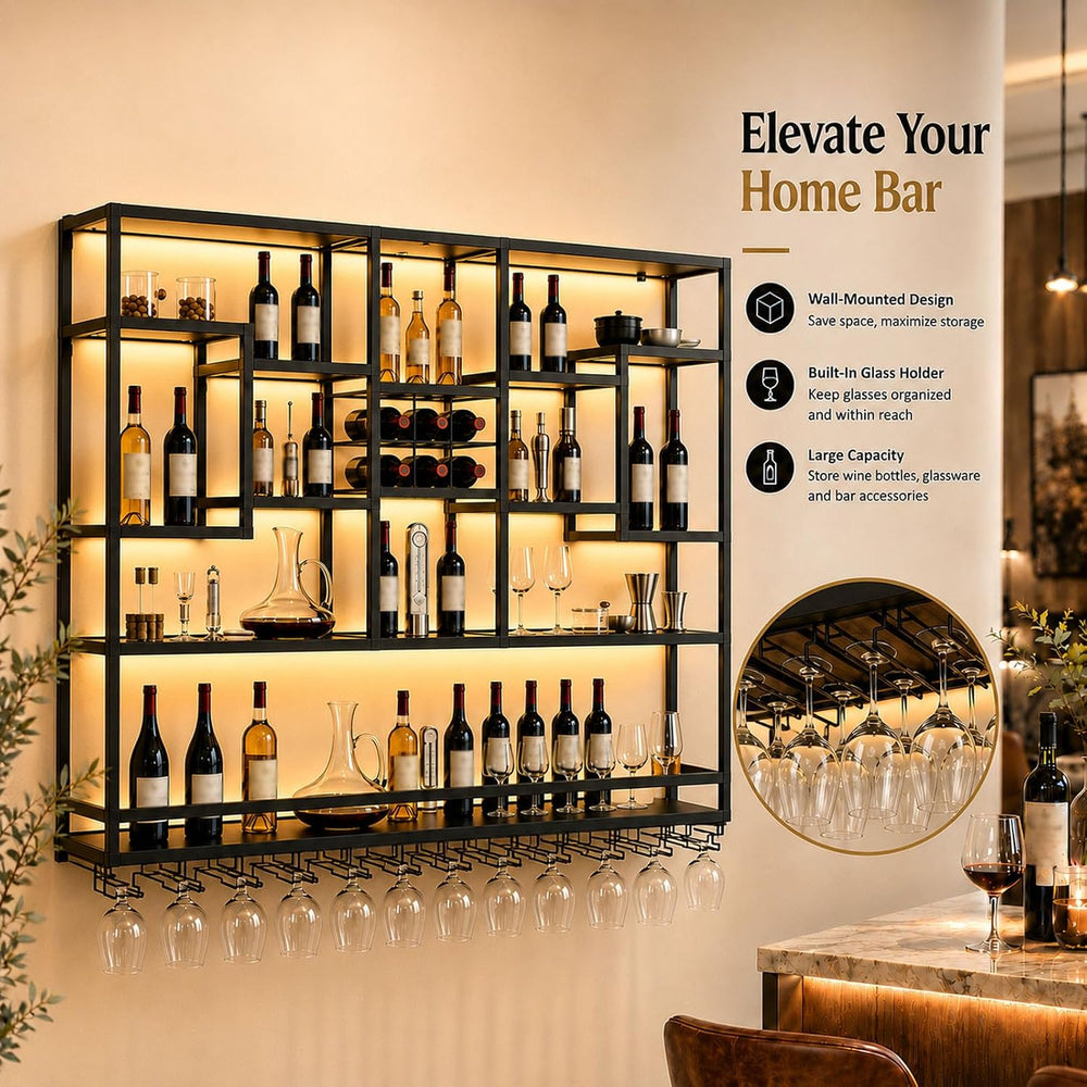 71in LED Wall Mounted Wine Rack with Stemware Holder and Wood Shelves | Combi...