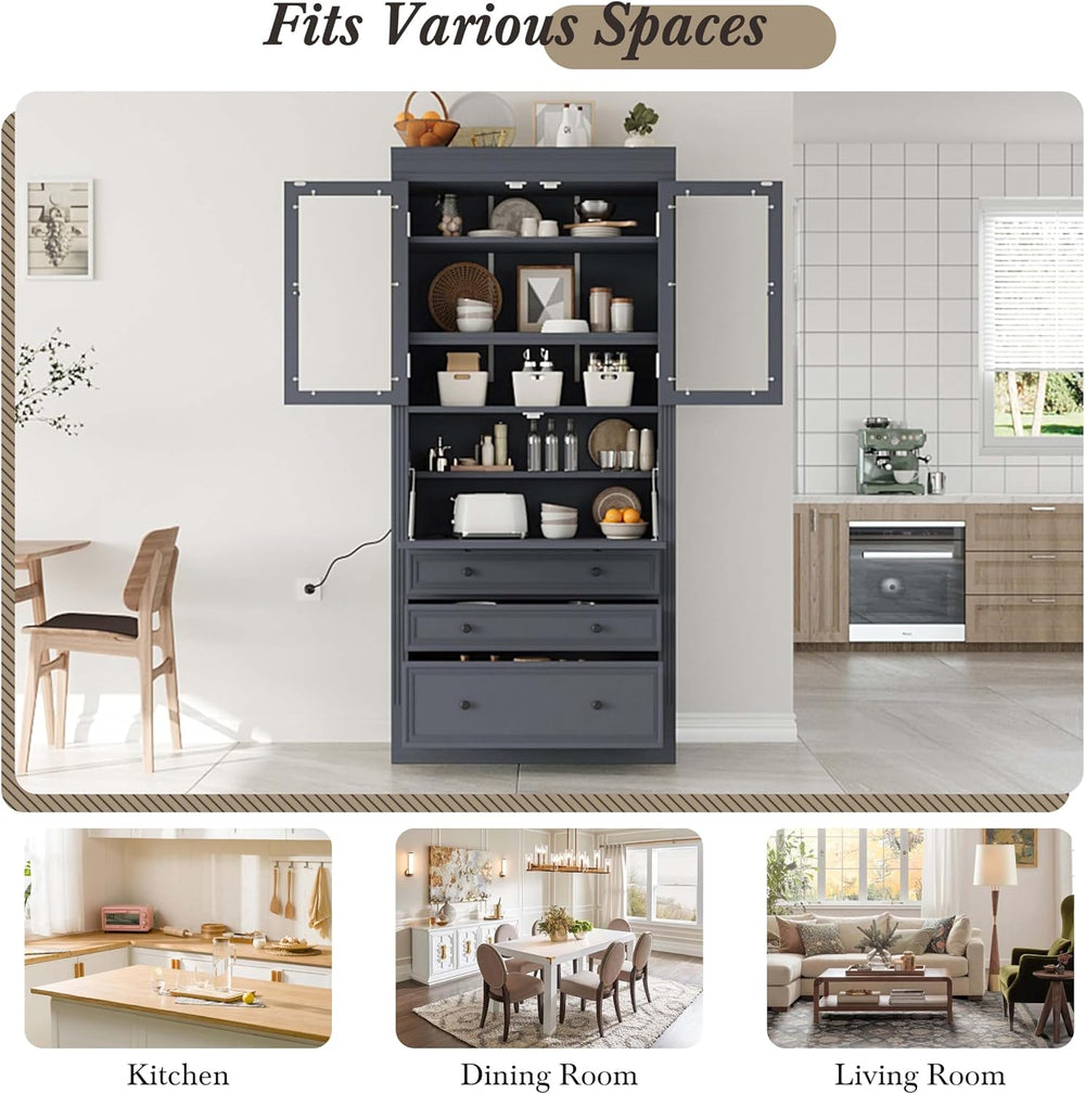 78” Kitchen Cabinet Pantry with 3 Drawers, Food Storage Cabinet with Power Ou...