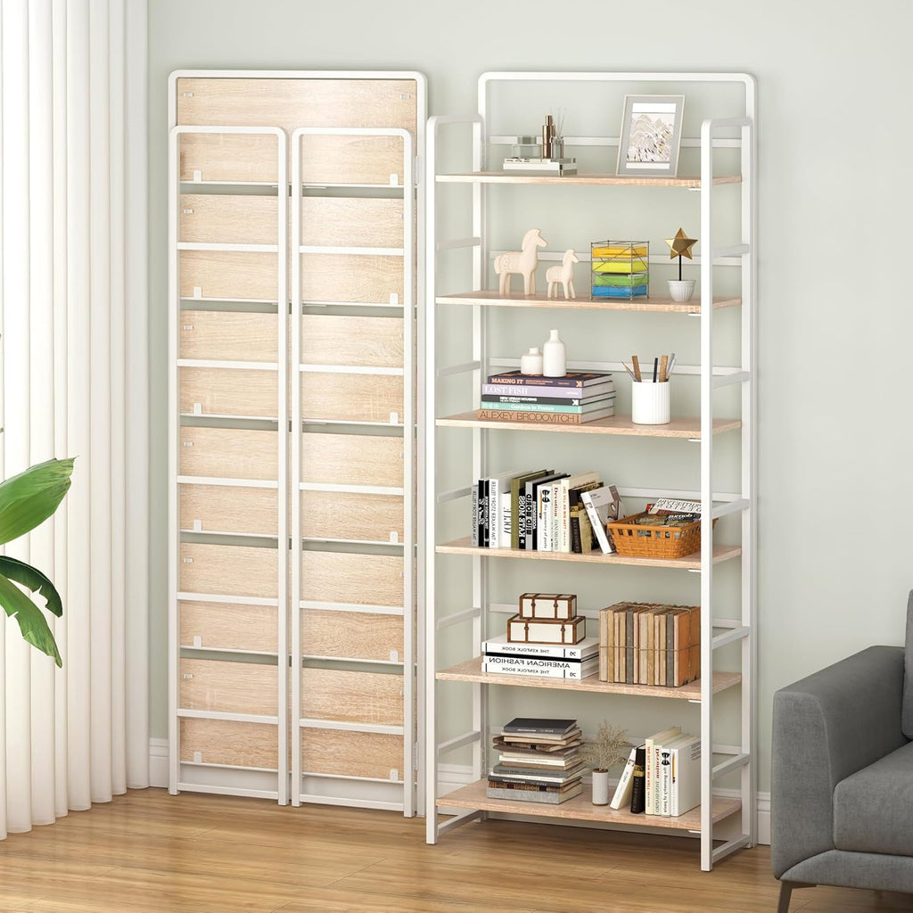 4NM No Assembly 6 Tiers Folding Bookshelf Storage Shelves Vintage Bookcase Standing Racks Study Organizer Home Office (Natural White)
