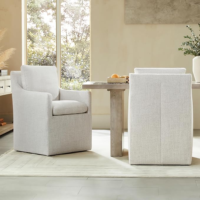 Upholstered Dining Chairs with Casters, No Assembly Modern Accent Armchair with Rollers for Dining Room, Bedroom, Living Room, Reading Room, Already Assembled, Linen, 2 Box