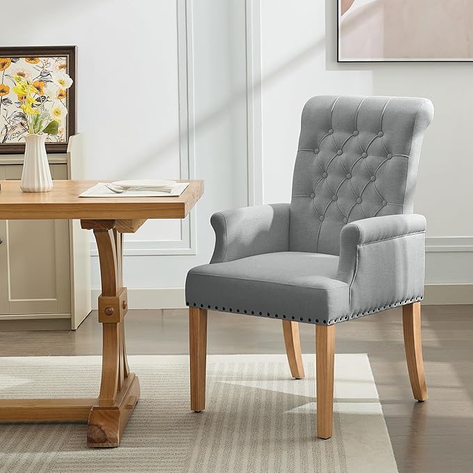 Fabric Dining Chair with Arms, Upholstered Tufted High Back Dining Room Chair...