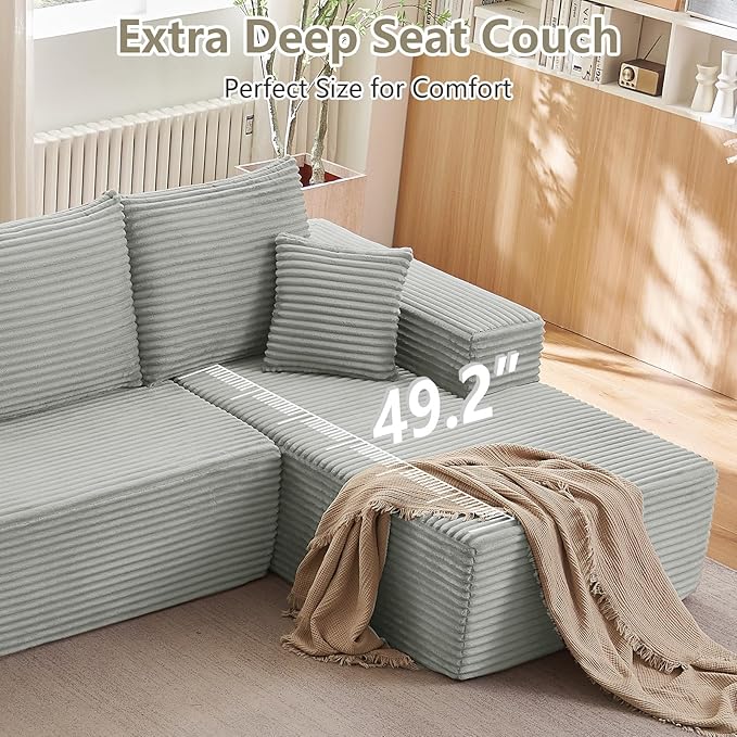 166.9" Cloud Sectional Couch with L-Shape Chaise, Upholstered Corduroy Couches Sleeper with Deep Seat, Modern Modular Comfy Sofa Chaise Longue for Living Room Bedroom, No Assembly Required, Grey