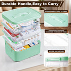 4-Tier Portable Medicine Cabinet Organizer, Large Medicine Storage Box with Handle, Plastic First Aid Box Empty, Multipurpose Medical Supply Organizer, Medication Storage with 3 Removable Tray (Green)