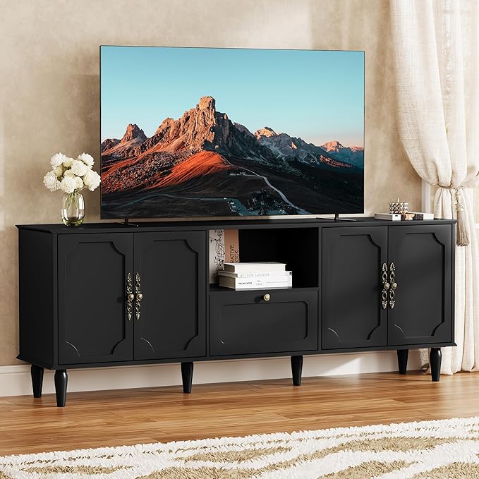 67” Mid-Century Modern TV Stand for 75+ inch TVs, Wood Entertainment Center with Storage Drawer, Long Media Console with Adjustable Shelves, Black TV Cabinet for Living Room, Bedroom