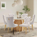 Velvet Upholstered Dining Chairs Set of 6, Modern Style Kitchen Side Chairs with Nailhead Trim and Gold Plated Leg, Metal Pulling Ring for Dining Room Living Room(Beige-Gold Plated Leg)
